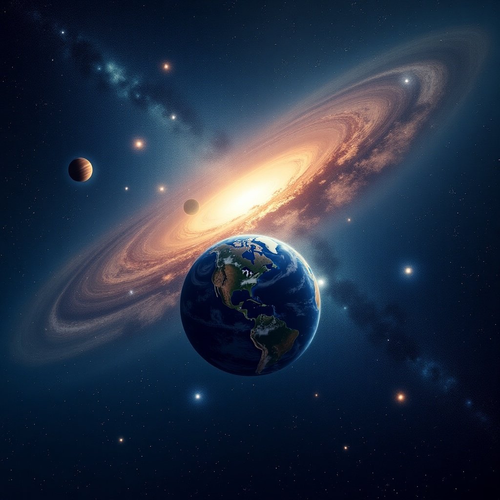 The image depicts a stunning cosmic scene featuring Earth as the central focus, with vibrant galaxies swirling in the background. Surrounding Earth are several planets, showcasing a diverse solar system. The stars twinkle against the deep blue and black expanse of space, creating a sense of wonder. Light emanates from the spiral galaxy, illuminating the scene with a radiant glow. This artistic representation captures the beauty and vastness of the universe, inviting viewers to explore the mysteries of space.