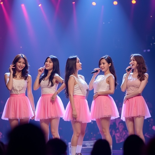 Five K-pop girl group members perform on stage in stylish outfits. Bright lights illuminate the scene. Group members create a dynamic and energetic atmosphere.