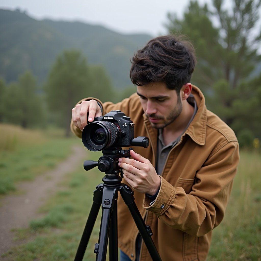 A person is adjusting a camera on a tripod in a natural outdoor setting with trees and hills in the background.