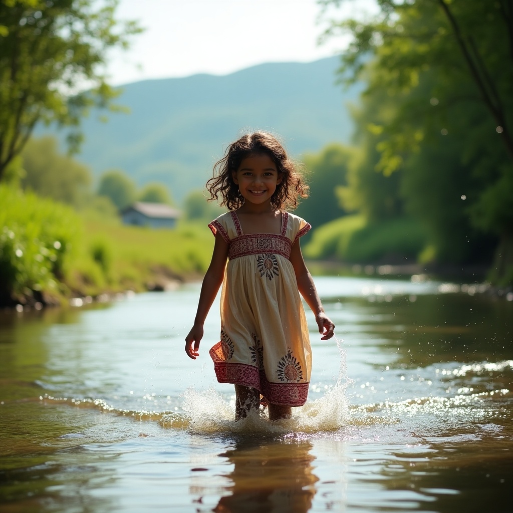 Image of a girl walking in a river in a village. She wears a traditional dress with colorful patterns. Surrounded by trees and a distant mountain. Water splashes around her feet.