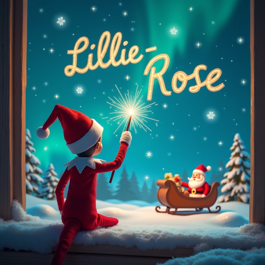 In a magical Christmas scene, an elf on the shelf has its back turned, gazing into the sky. It holds a wand, elegantly writing the name 'Lillie-Rose' in sparkling letters above. The backdrop features a stunning display of Northern Lights shimmering in vibrant colors. Meanwhile, Santa in a sleigh watches on, adding to the festive atmosphere. Snow gently blankets the landscape, enhancing the winter wonderland feel. The scene captures the essence of holiday magic, celebrating the spirit of Christmas.