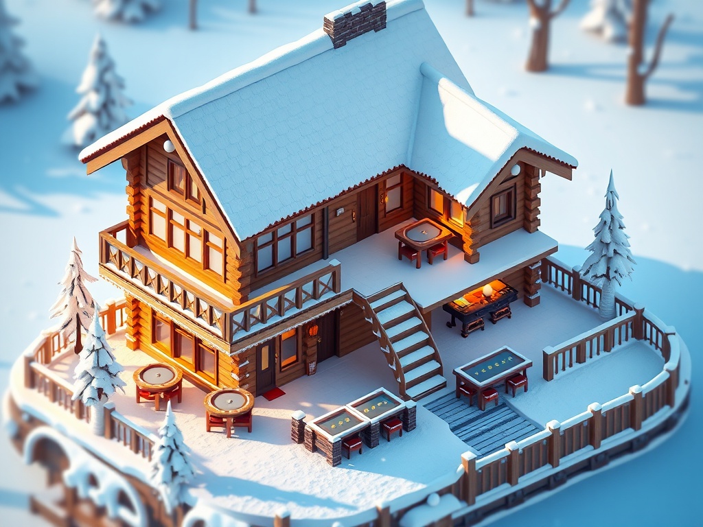 This digital artwork depicts a cozy wooden chalet covered in a pristine layer of snow. The structure is illuminated by the warm glow of the morning sun, casting soft shadows across the snow-covered landscape. The scene includes wooden furniture on the balcony and snow-draped pine trees, enhancing the winter retreat's tranquil ambiance.