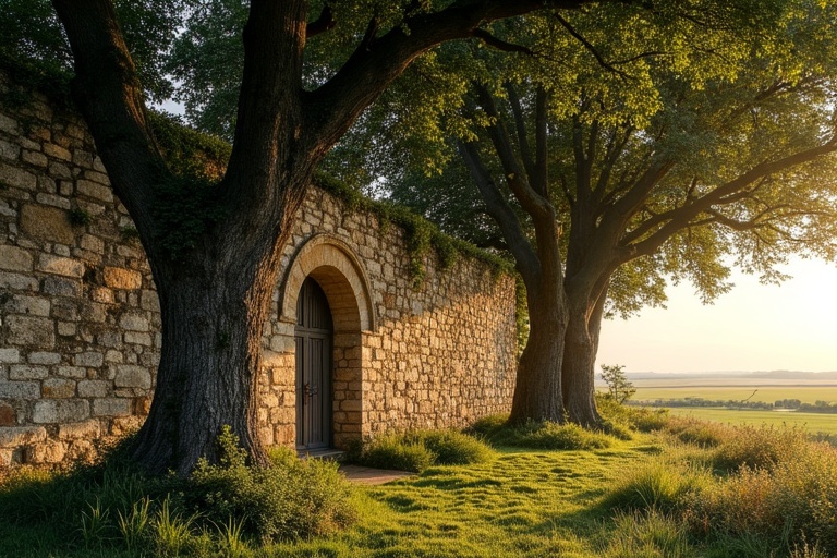 An archaic ruined wall flanked by two large box trees. The crowns of the trees cover the ruins like a tent roof. The ruin is overgrown with wild vines and moss. The stones of the wall are weathered and missing in some places. At the side of the ruined wall is a small Romanesque double arched window. In the background of the window you can see a wide plain with fields. It is the evening of a sunny late summer's day. The last rays of sunlight illuminate the top of the wall and the leaves of the treetops. There is little vegetation on the ground and only a few rays of sunlight hit it.