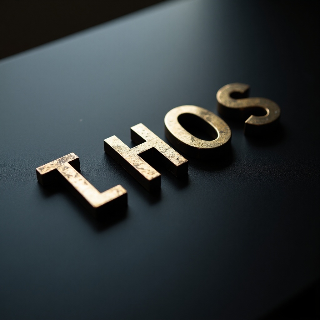 The image shows a close-up view of metallic letters placed on a dark surface. The letters are arranged to read 'THOS'. The lighting creates a soft glow on the metallic surface, revealing textures and shadows. The dark background contrasts beautifully with the shiny letters. This composition highlights the elegance of typography in a minimalist style.