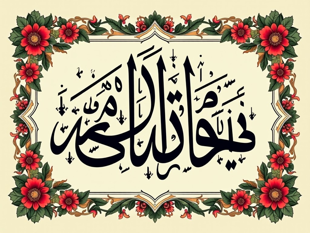 The image features intricate Arabic calligraphy showcasing a religious phrase, artistically presented within a decorative border. The black calligraphy stands out against a soft cream background, adorned with floral and geometric patterns in vibrant colors. The overall design emphasizes both elegance and cultural significance. Suitable for artistic representation of Islamic culture, this piece can be used for various purposes, from wall art to printed materials. It embodies traditional motifs, making it a beautiful addition to any setting.