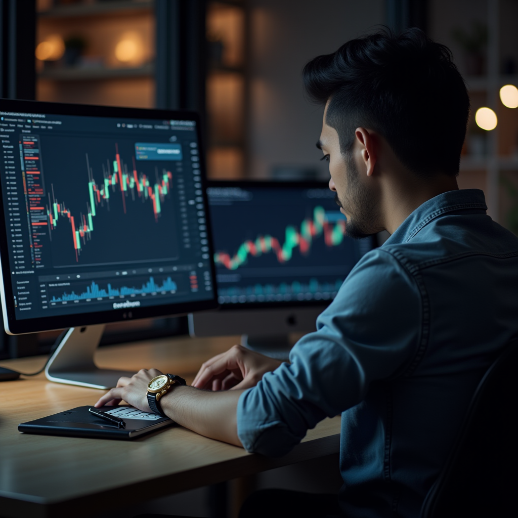 A focused individual intensely analyzing stock charts on dual monitors in a dimly lit room.