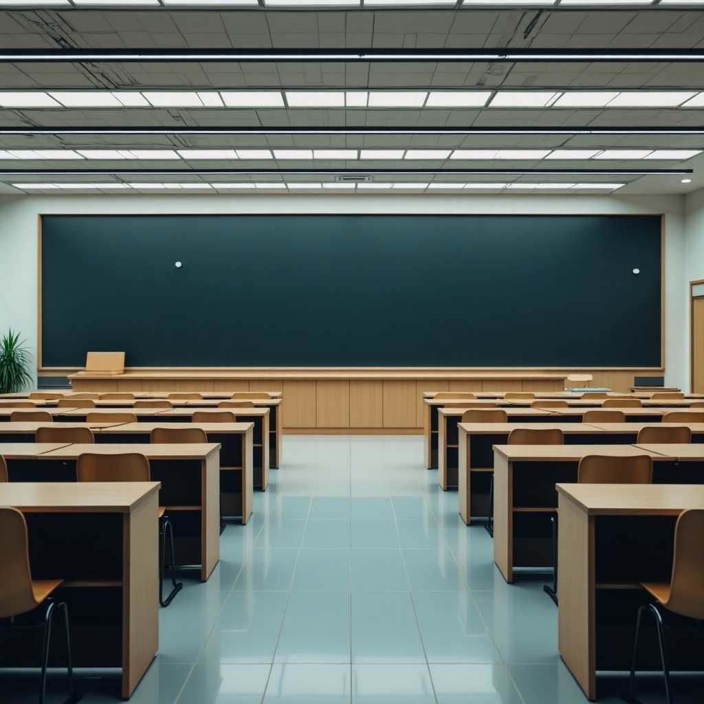 This image depicts a neatly arranged futuristic classroom. Rows of wooden desks face a large dark chalkboard. The space is designed for learning, emphasizing organization and minimalism. The room features soft overhead lighting for an inviting atmosphere. The overall aesthetic combines functionality with modern design principles.