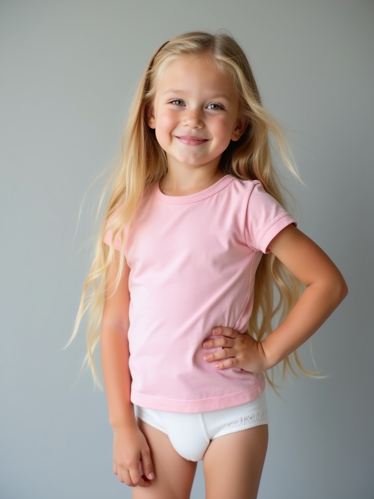 A seven-year-old girl poses confidently with long blonde hair. She wears a fitted pink t-shirt and a white diaper. The gray background enhances her cheerful demeanor. She stands relaxed with her hand on her hip. Soft lighting adds warmth to the scene. This moment captures the essence of childhood comfort and fashion in a casual setting.