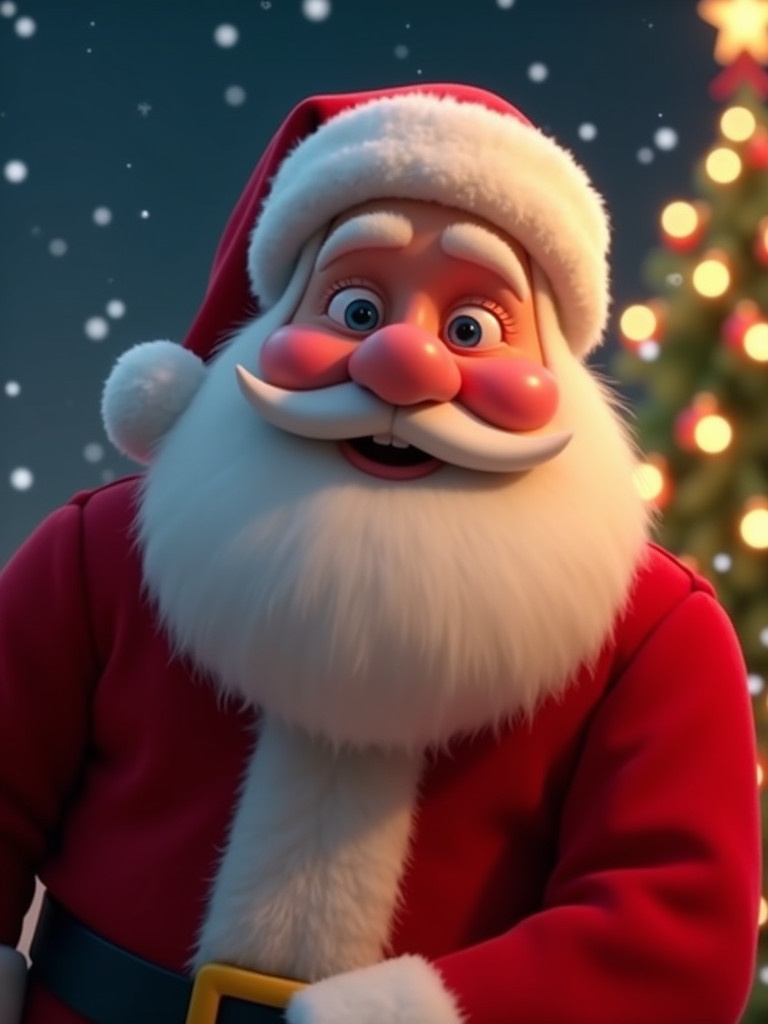 Animated GIF of Santa Claus performing a playful kissing motion. Santa leans forward slightly while puckering his lips in an exaggerated fashion. Rosy cheeks radiate holiday cheer. Background composed of twinkling Christmas lights and softly falling snowflakes around a glowing Christmas tree. Classic red suit enhances Santa's playful charm. Smooth animation highlights the joyful kiss action.