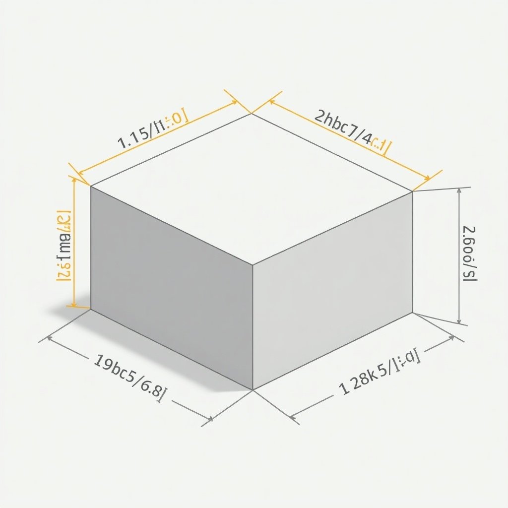 Illustration of a rectangular box showing dimensions. Measurements are in inches, highlighted in yellow. Isometric perspective demonstrates 3D aspect. Soft gray background increases measurement visibility.