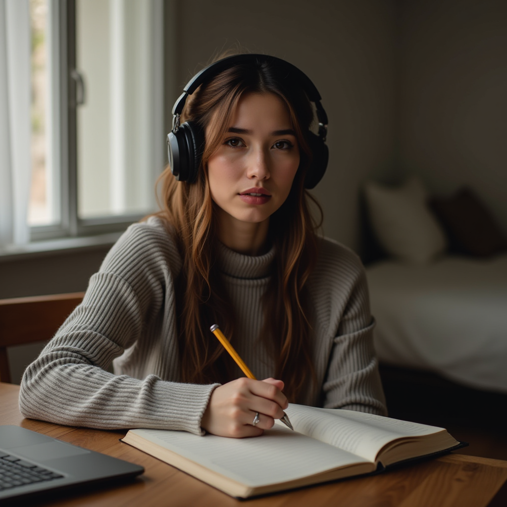 A young woman wearing headphones writes in a notebook at a cozy, well-lit desk.