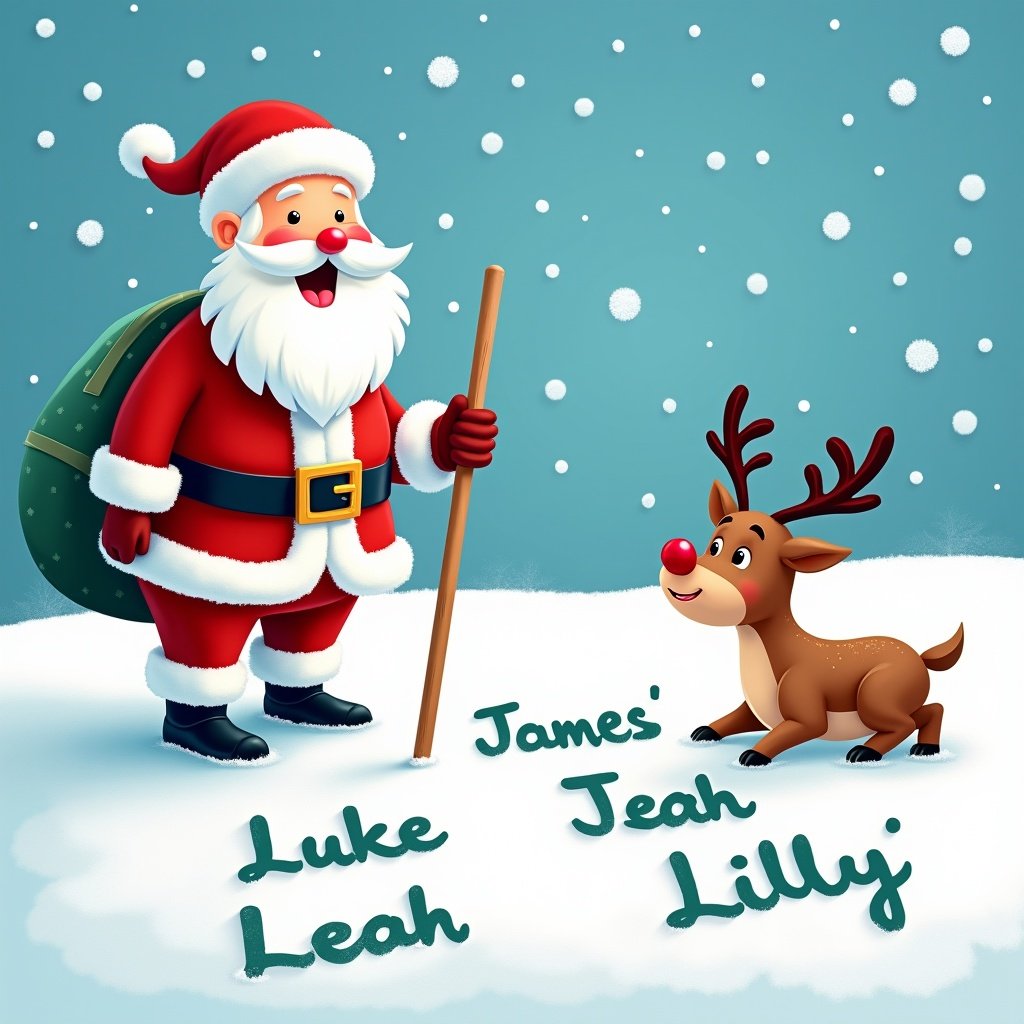 The image features a jolly Santa Claus in a snowy landscape, filled with holiday cheer. He holds a walking stick and is writing children's names, including 'Luke', 'James', 'Leah', 'Lucy', and 'Lilly' in the snow. Beside him is an adorable reindeer, fascinated by the scene. The background is bright blue, enhancing the festive atmosphere. Fluffy white snow adds a magical touch, making the entire image vibrant. This enchanting scene captures the spirit of the holiday season in a wonderfully whimsical way.