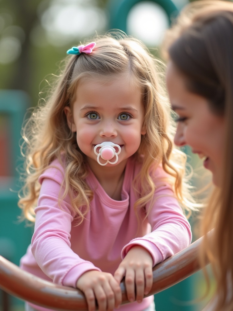 A seven year old girl plays at a playground. The girl has long blond hair and emerald green eyes. She wears a pink long sleeve t-shirt and a diaper. She wears Velcro strapped shoes. She has a pacifier in her mouth. The scene is bright and cheerful with playground equipment visible.