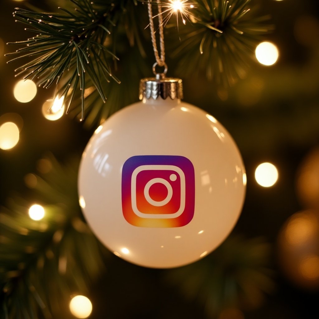 White Christmas bauble featuring Instagram logo. Twinkling Christmas lights create a magical atmosphere. Highlights personalized holiday celebrations.