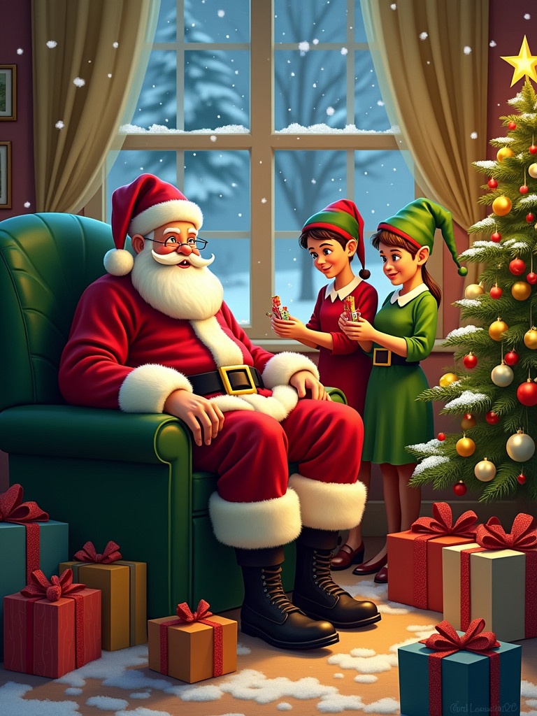 A warm festive Christmas scene in a cozy living room. A jolly Santa Claus relaxes in a green chair. Cheerful elves surround him preparing gifts. A beautifully decorated Christmas tree stands nearby. Snow gently falls outside the window. Colorful presents are scattered around the room.