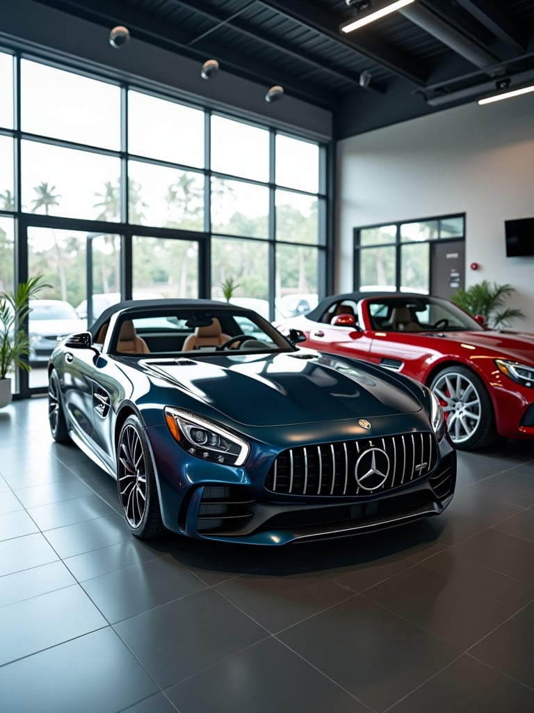 A luxury car dealership showroom displays various high-end cars. A Mercedes-Benz stands out in the center, illuminated by bright natural light. The showroom has modern architecture and spacious design.