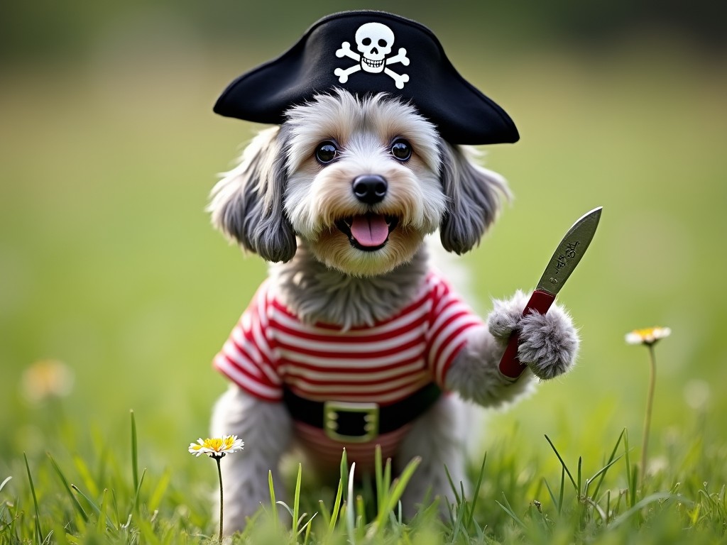 A cute dog dressed as a pirate stands confidently in a natural grassy field. The dog has a fluffy grey coat and is wearing a black pirate hat with a skull and crossbones design. Its outfit has red and white stripes with a black belt, and it holds a playful toy knife in its paw. The background features bright green grass and a few wildflowers, creating a cheerful outdoor setting. The lighting is soft and natural, making the scene vibrant without altering the dog's appearance.