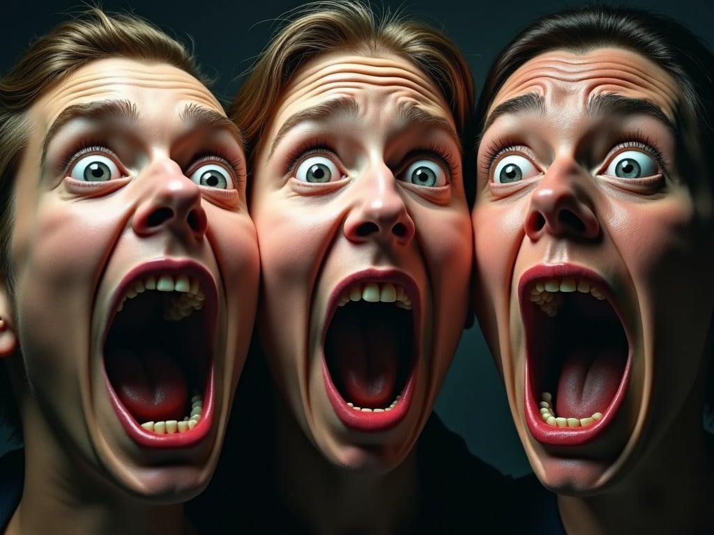 This image features three close-up faces, each with wide-open mouths as if shouting or expressing fear. Their eyes are large and wide, contributing to a feeling of intensity and urgency. Each face has distinct features, yet they share a common theme of emotional outburst. The background is dark, enhancing the vividness of their expressions. This artwork captures a surreal blend of realism and dramatic emotion, making it visually striking and thought-provoking.