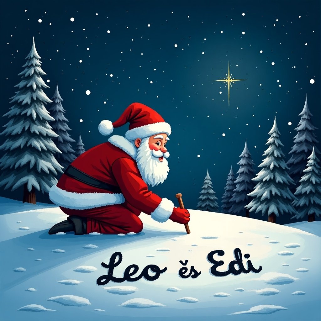 Santa writing Leo és Edi in the snow. Night scene with stars and pine trees. Santa in red suit with white beard. Joyful and festive atmosphere.