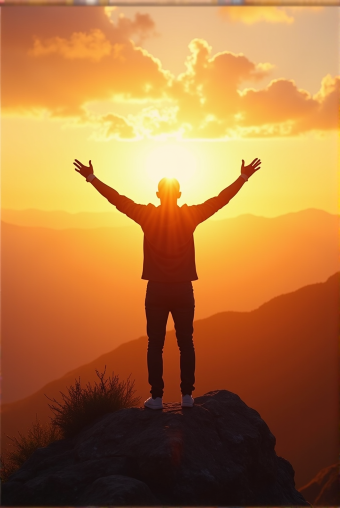 A person stands on a rock with arms raised, silhouetted against a vivid sunset.