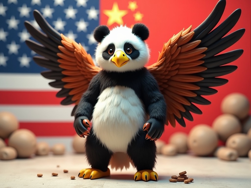 The image shows a cartoon panda with large wings. The panda is designed to be cute and engaging. It stands confidently between the flags of the United States and China. The background features elements that suggest a playful yet symbolic representation. The panda appears to be holding snacks or treats, enhancing its adorable character.