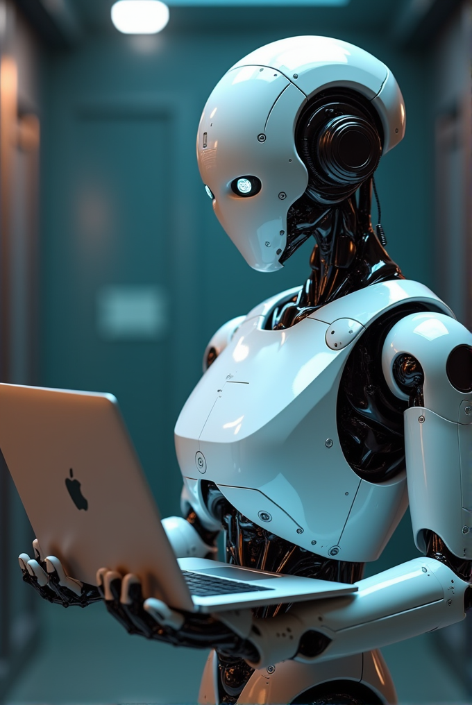 A humanoid robot is holding a laptop in a futuristic room.