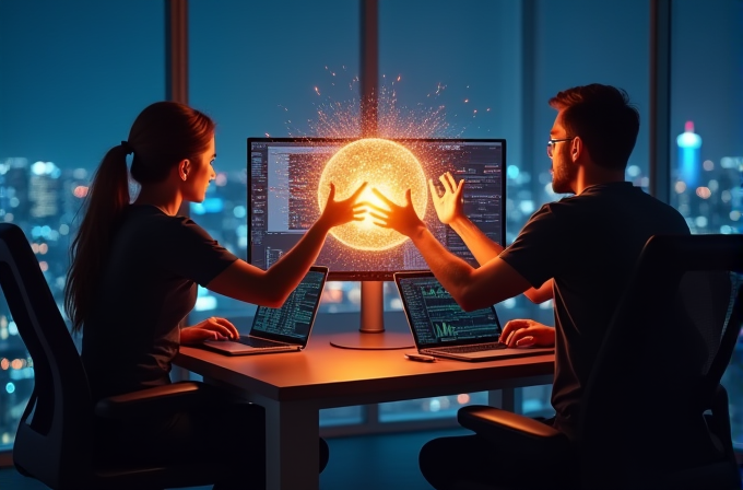 Two people interact with a glowing virtual globe between them, surrounded by computer screens in a city office at night.