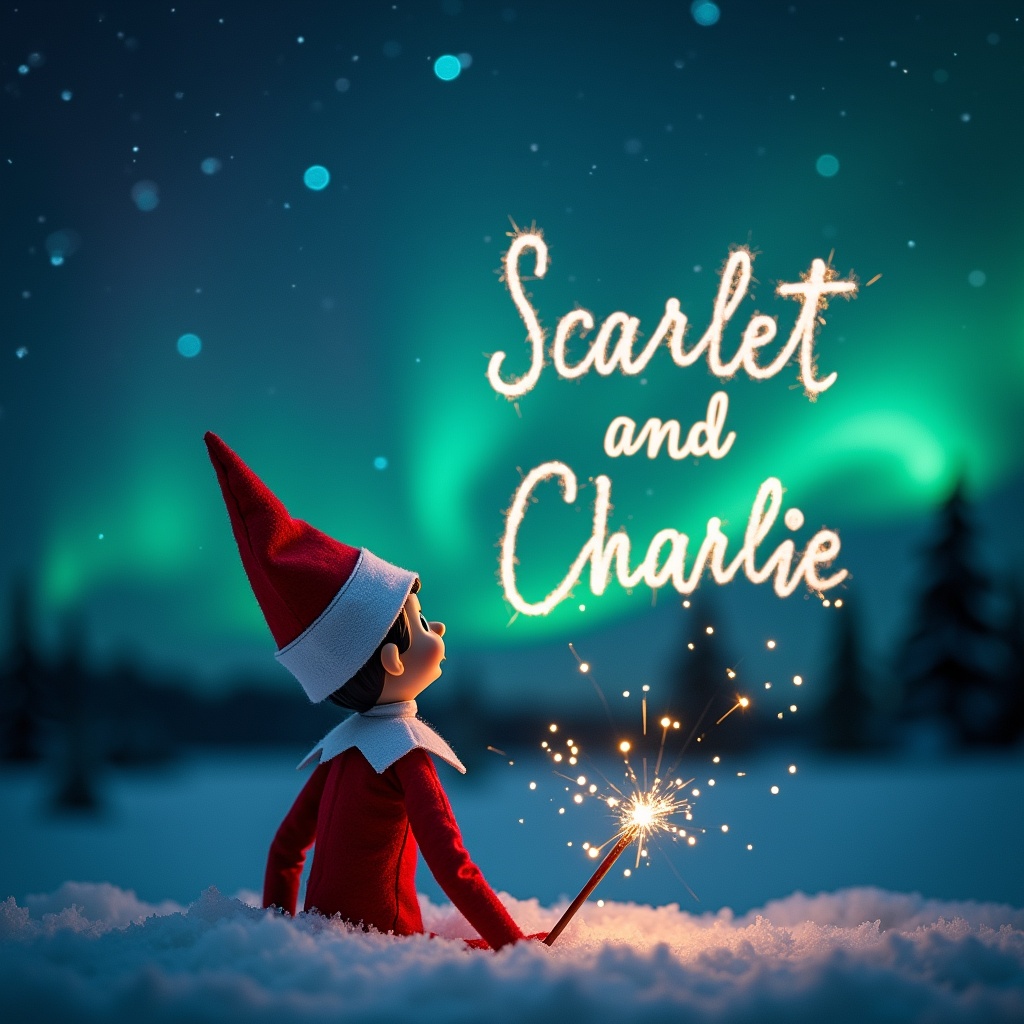 This image showcases an elf on the shelf positioned with its back to the viewer. The elf, dressed in a traditional red outfit, is facing up towards a beautiful dark sky filled with vibrant northern lights. With a magic wand in hand, it is elegantly writing the names Scarlett and Charlie in sparkling letters against the backdrop. The snowy ground adds a serene touch to the magical scene. The overall atmosphere is filled with wonder and holiday joy, perfect for capturing the essence of Christmas.