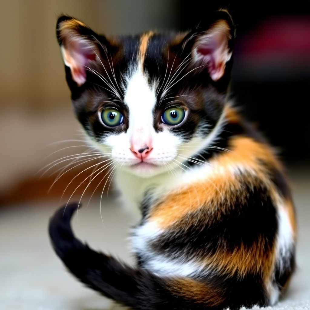 A cute calico kitten with striking green eyes looks curiously at the camera.