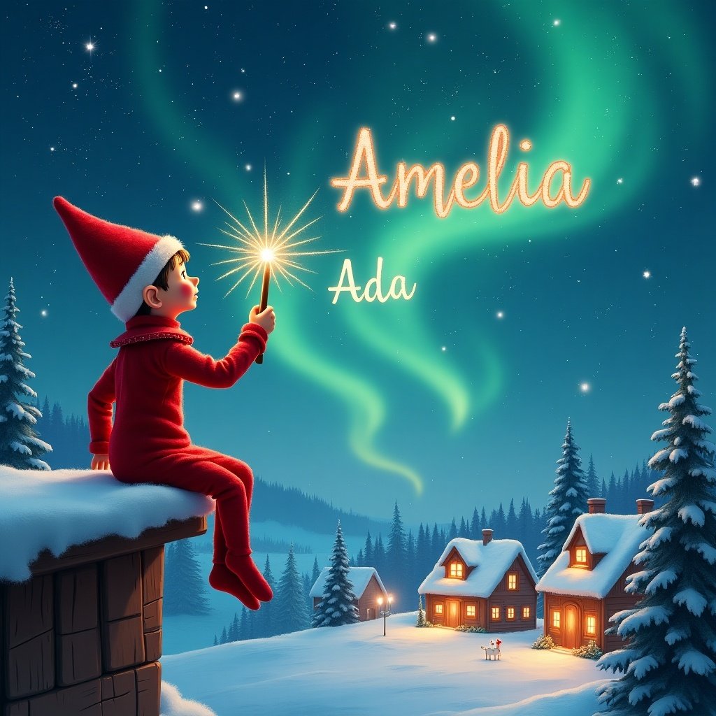 An elf dressed in red with a pointed hat writes names in a magical sky using a wand. Snowy landscape features houses and trees illuminated by the Northern Lights.