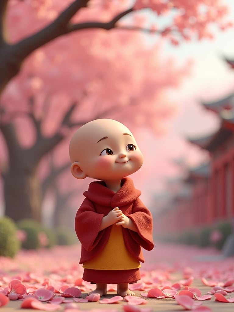 A cute little monk in a red robe stands under cherry blossoms. The scene is vibrant and serene with falling petals. The monk gazes upwards in admiration. Bright colors create a joyful atmosphere.