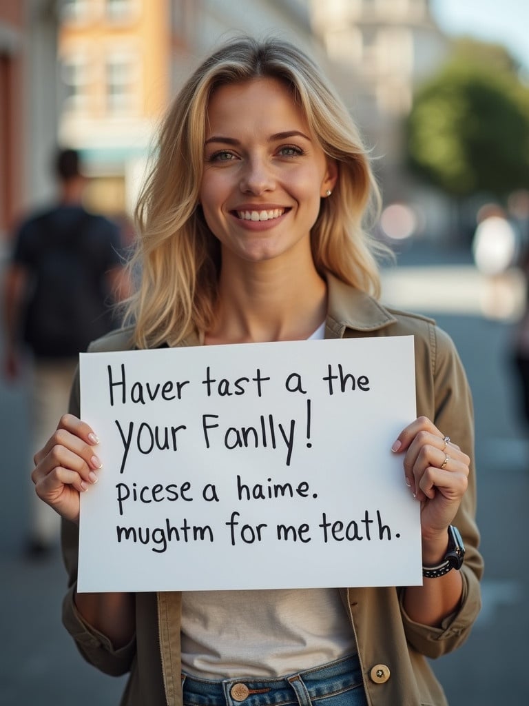 Blonde woman in her 30s in casual clothing holds up a handwritten sign in a city street. The sign contains a playful message that reflects personal sentiment. The image captures a moment of self-expression and community connection.