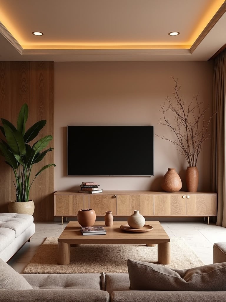 Living room with African inspired decor. Features neutral tones and wooden elements. Includes clay sculptures and house plants. Displaying a TV unit with a console. Designed with recessed lighting and a soft ceiling.