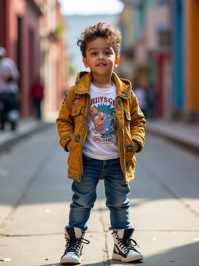 Child poses confidently in urban street. Wearing stylish streetwear with a yellow jacket, cartoon graphic tee, and jeans. Bright colors in the background enhance the vibrant scene. Natural light creates a lively atmosphere.