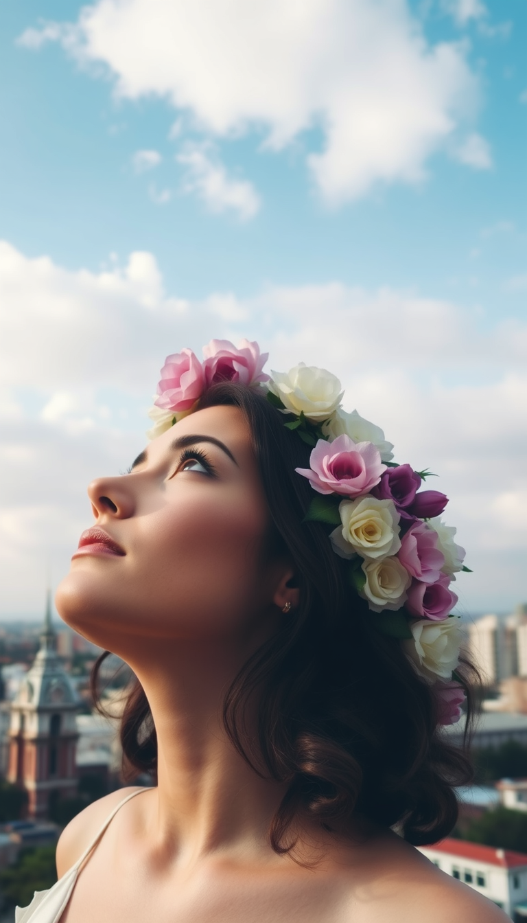 A woman wearing a flower crown gazes thoughtfully at the sky.