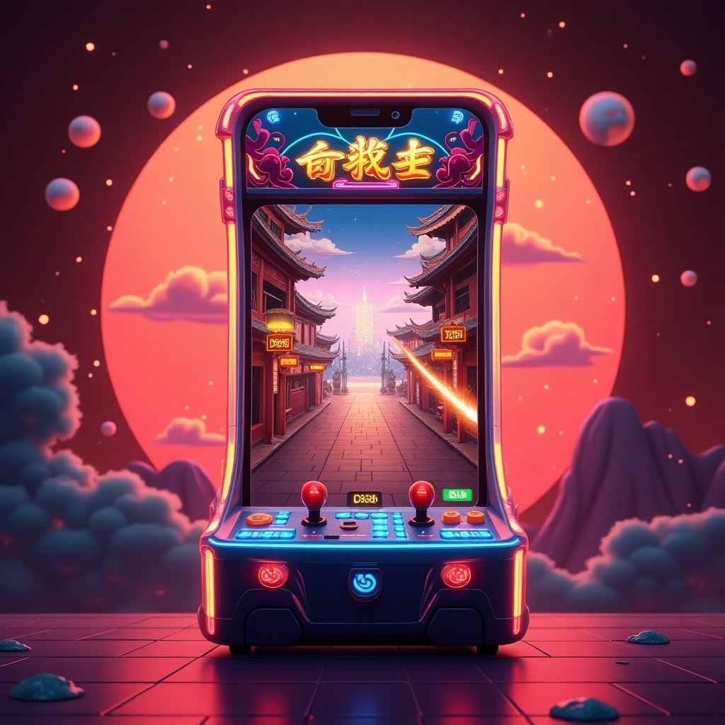 The image showcases a colorful arcade game set against a vibrant backdrop. It features a vertical screen portraying a serene landscape inspired by traditional Chinese architecture. The foreground highlights neon-lit buttons typical of arcade machines. The background bathes in warm hues reminiscent of a sunset, adding a magical ambiance. The design merges classic arcade elements with modern digital aesthetics, creating an engaging visual for game enthusiasts.