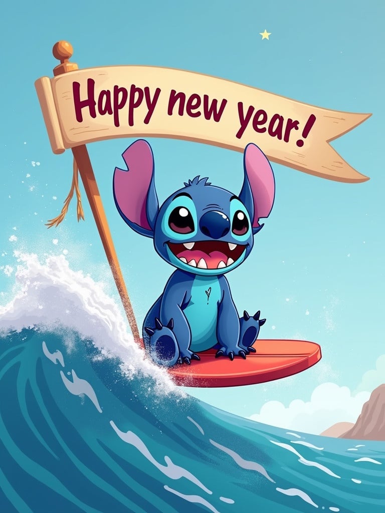 Stitch character rides a wave on a surfboard. Character is blue with large ears and big eyes. A banner says ‘Happy New Year’ in bright colors.