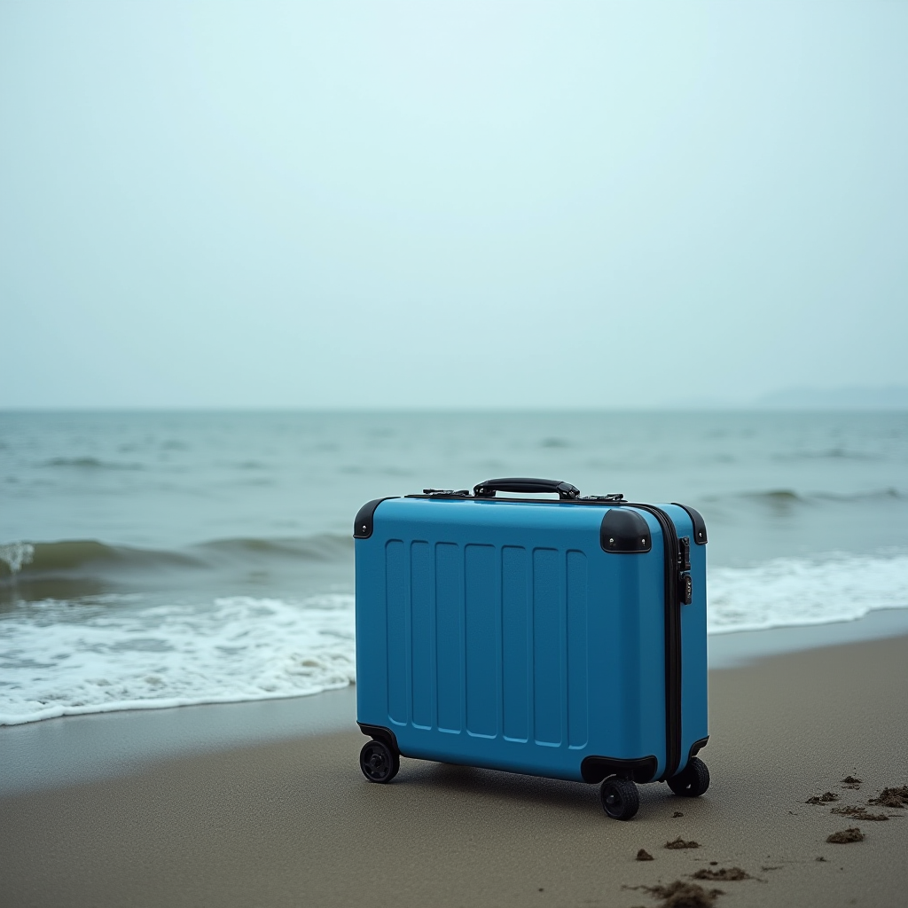 The image showcases a sleek, blue hard-shell suitcase standing upright on a sandy beach. The suitcase is equipped with four black wheels and has black corner protectors, lending it a modern and durable appearance. In the background, the sea is calm with gentle waves lapping against the shore. The sky is overcast, lending a muted, serene atmosphere to the scene. The simplicity of the composition focuses attention on the juxtaposition of the suitcase against the natural beach setting, suggesting themes of travel and solitude.