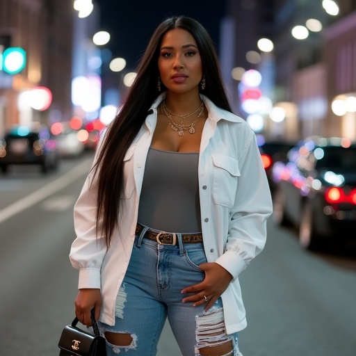 Full body photo. Slim plus-size woman poses on city street at night. Long straight hair in a silk-pressed style. Wears gray top and oversized white Chanel shirt. Paired with light blue ripped denim jeans. Adidas Yeezy sneakers and holds black Chanel handbag. Urban environment captures stylish vibe. Features 90’s bamboo earrings and layered gold jewelry. Dim lighting and cars in background.