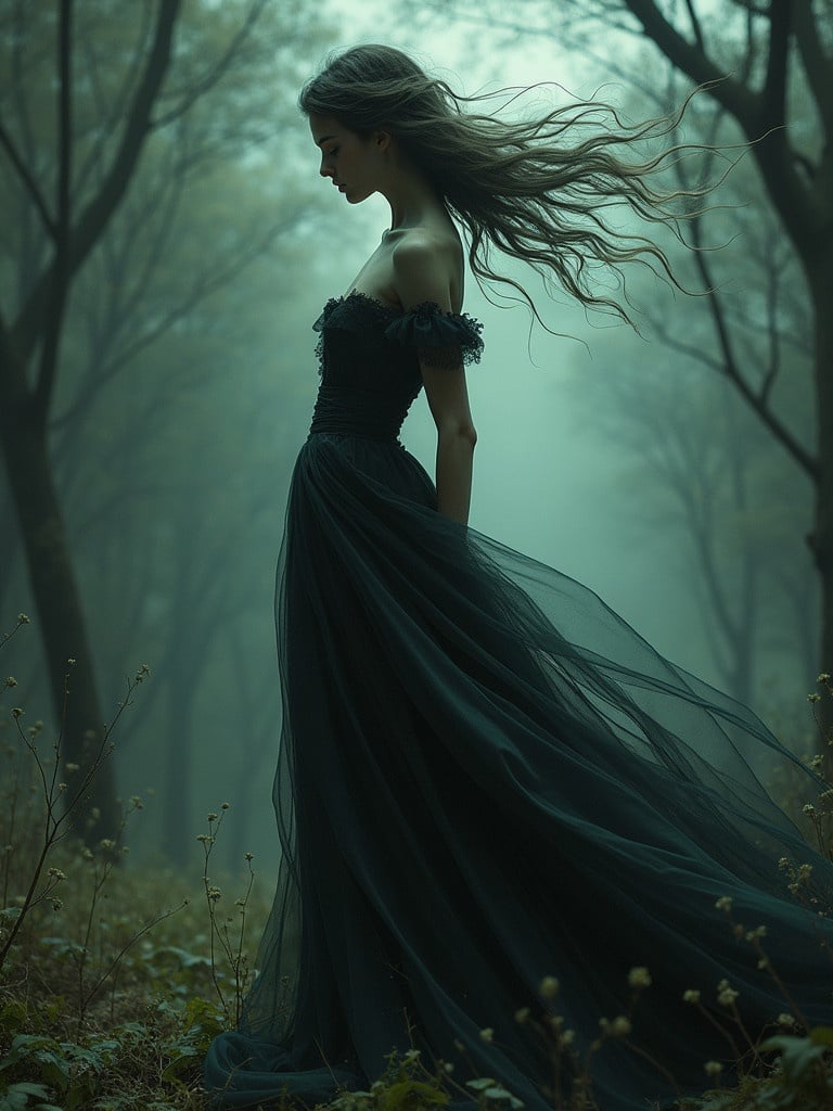 Gothic fantasy landscape with ethereal woman in dark flowing dress. Dramatic lighting illuminates an ominous forest background. Flowing dress catches the wind in ultra-realistic style.