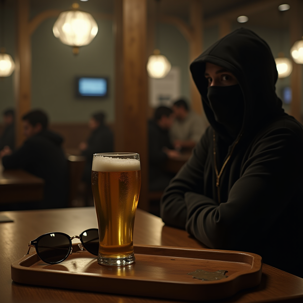 A hooded figure sits at a dimly lit bar with a beer and sunglasses on the table.