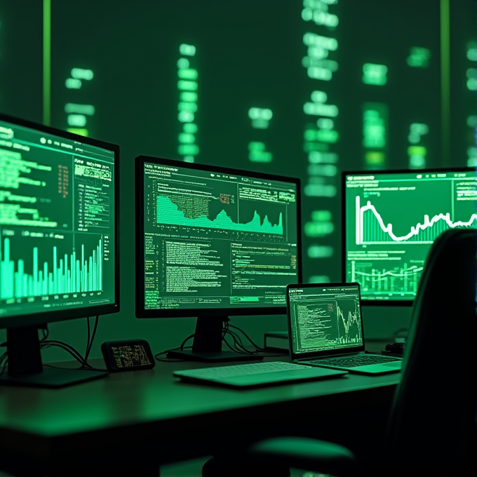 The image shows a dark room with several computer monitors displaying green data graphs and text.