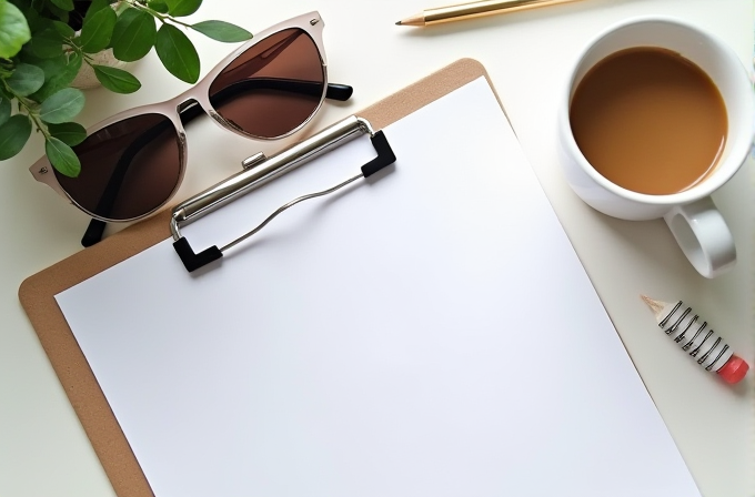 A workspace with sunglasses, clipboard, pen, potted plant, coffee cup, and pencil on a bright surface.