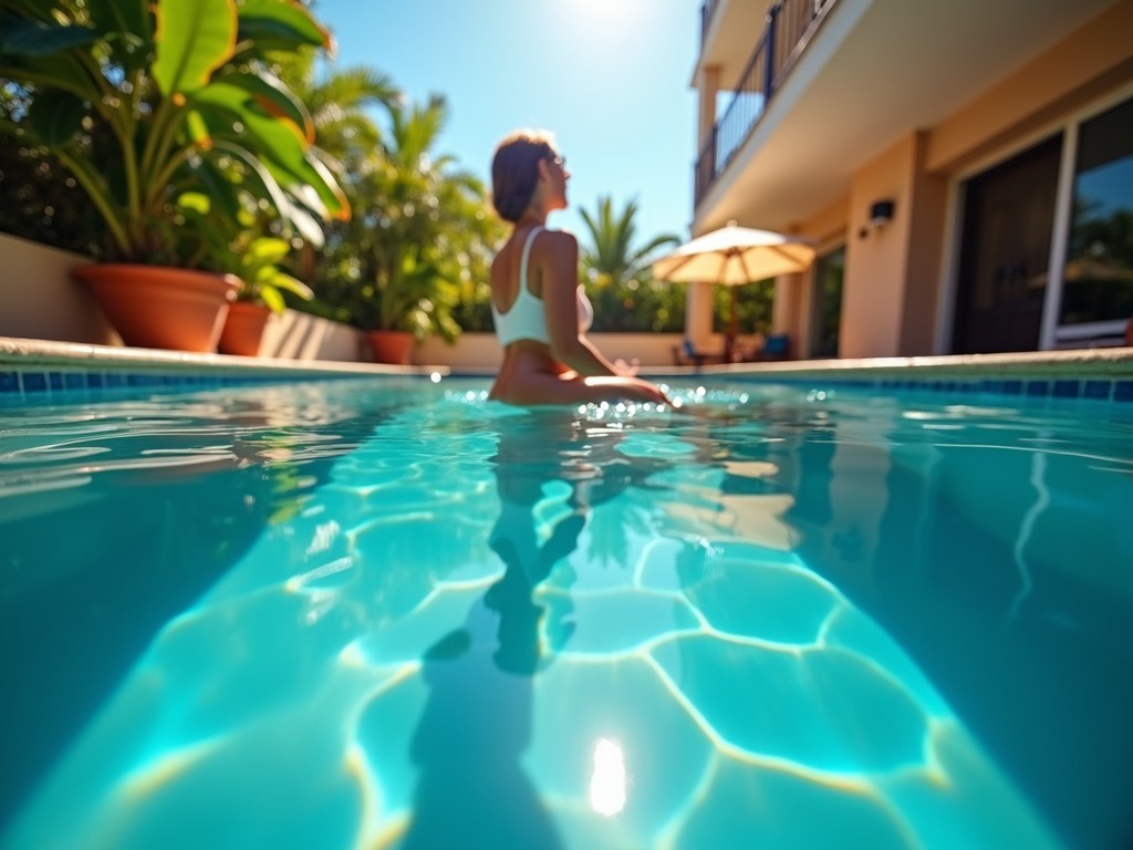 A person is relaxing in a sunlit swimming pool, with lush tropical plants and a sun umbrella visible in the background. The perspective captures the dynamic play of sunlight on the water's surface, creating mesmerizing reflections. The scene evokes a sense of tranquility and leisurely summer days.