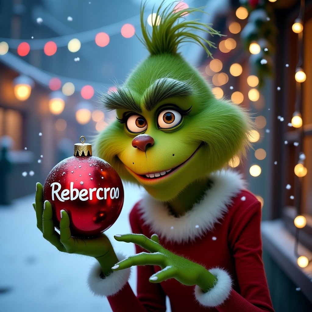 Grinch character in snowy setting. Grinch holds Christmas bauble with name Rebecca. Background shows colorful Christmas lights.