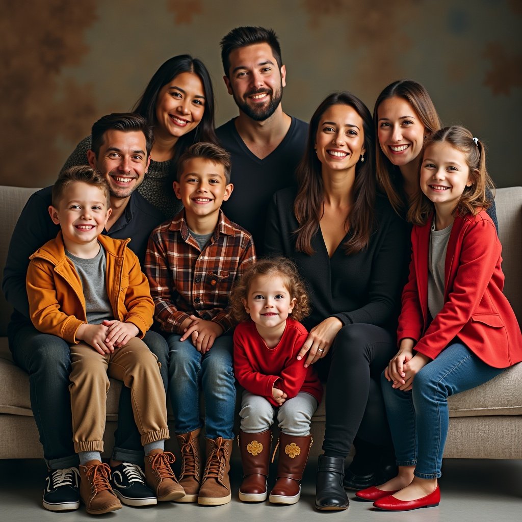 Group photo of a family posing together on a sofa. Eight members, both adults and children, with smiles and casual outfits. A warm, inviting background.