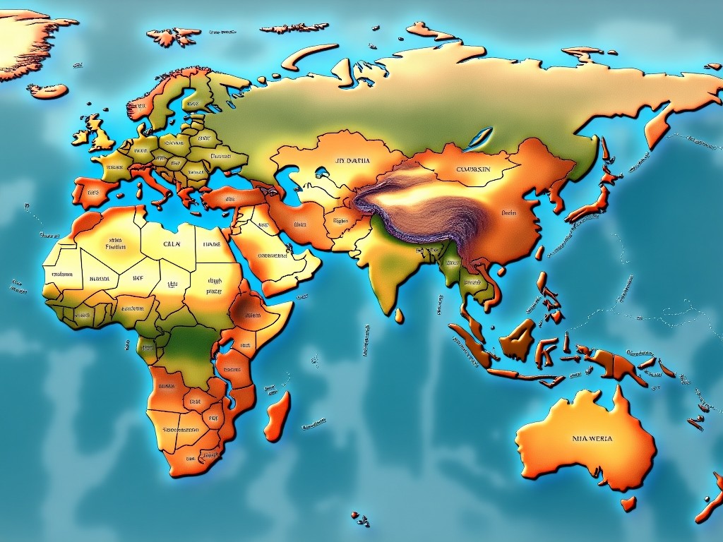 This image is a colorful representation of a world map, showing various countries and regions in distinct colors. Each country is labeled clearly, enhancing educational value. The map emphasizes geographical boundaries and is designed with an illustrative style that makes it visually appealing. It can be used in classrooms, travel guides, or as a visual aid in presentations. The overall composition conveys a sense of global interconnectedness through vibrant colors and clear outlines.