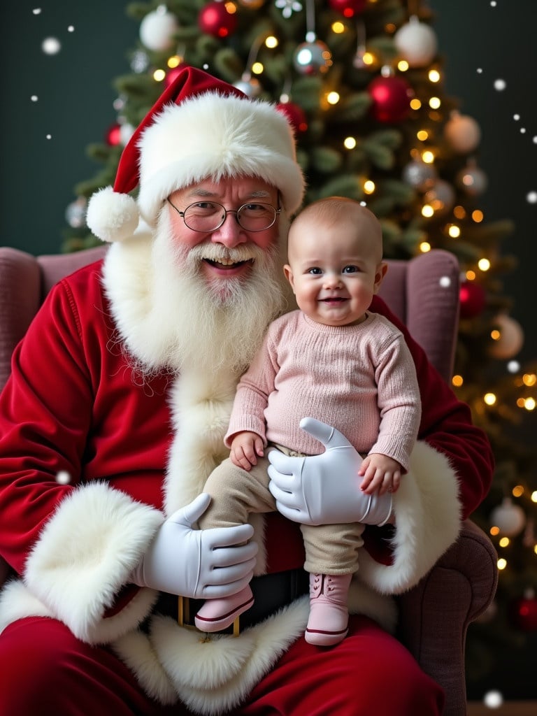 A cheerful Santa Claus holds a smiling baby. Santa wears a red suit. Background features a beautifully decorated Christmas tree. Snowflakes fall, enhancing the festive feel.