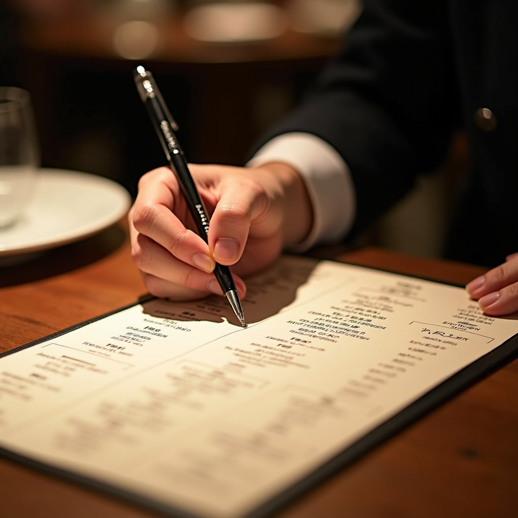 A person is marking a choice on a restaurant menu with a pen.