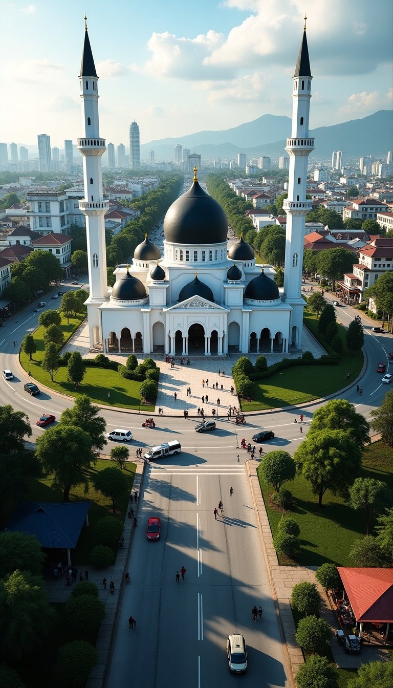 Aerial perspective of Banda Aceh city. Captures lively streets and market areas. Features iconic Masjid Baiturrahman mosque with striking black domes and white architecture. Surrounded by gardens and plaza. Dynamic scene filled with vehicles and market stalls. Showcases the energy and charm of Banda Aceh.